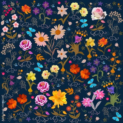 Cute cartoon garden flowers, berries, leaves, roots, bulbs, butterflies isolated on dark blue background in vector. Seamless romantic floral pattern. Print for fabric, wallpaper. Design elements.