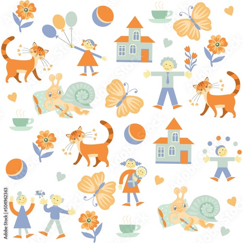 Cute cartoon seamless baby pattern with funny people, cats, snails, butterflies, houses, balls, flowers, balloons in blue, orange, green color scheme isolated on white background in vector.
