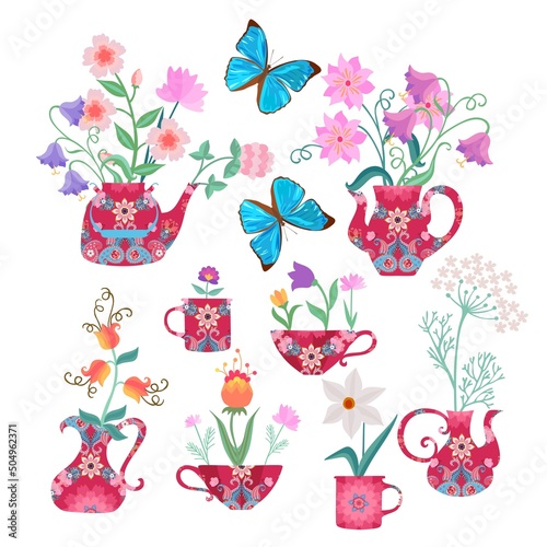 Cute romantic pattern with bouquets of flowers in teapots and jug, cups and m...