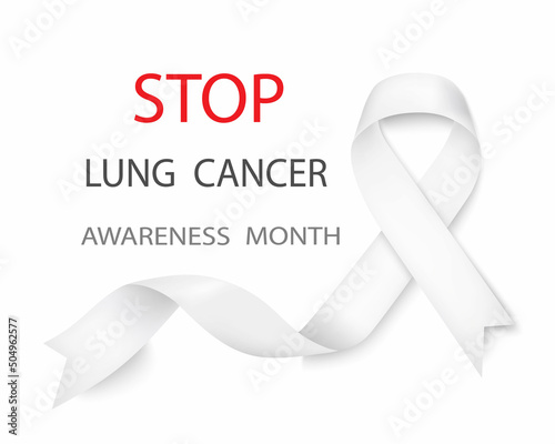 Lung cancer awareness white ribbon vector illustration isolated on transparent background. Realistic vector white silk ribbon with loop.Poster design