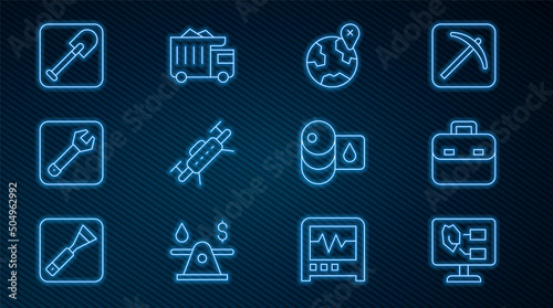 Set line Soil analysis, Briefcase, Location on the globe, Drone, Wrench spanner, Shovel, Barrel and Mining dump truck icon. Vector