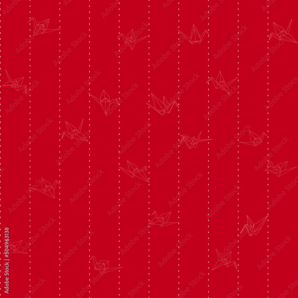 Pattern of origami crane vector dashed illustration on red background