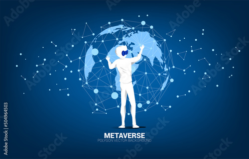 Silhouette businessman wear VR glasses with 3D world map. Concept of digital virtual reality technology and AR .