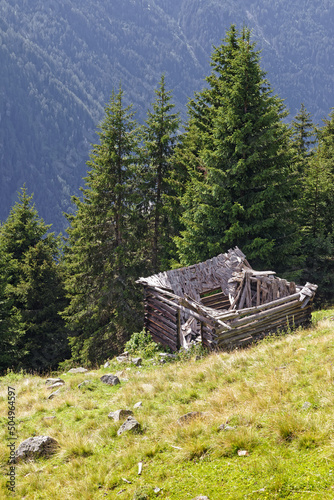Old broken wooden farming hut in the mountains, Oetztal Alps, Austria, Europe