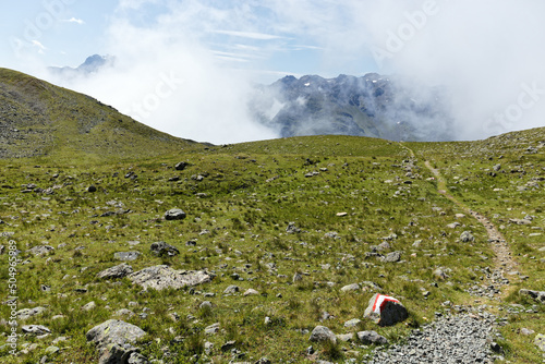View to the mountain peaks over the foggy Pitztal valley, Kaunergrat, Oetztal Alps, Tiew to the mountain peaks over the foggy Pitztal valley, Kaunergrat, Oetztal Alps, Tyrol, Austria, Europe photo