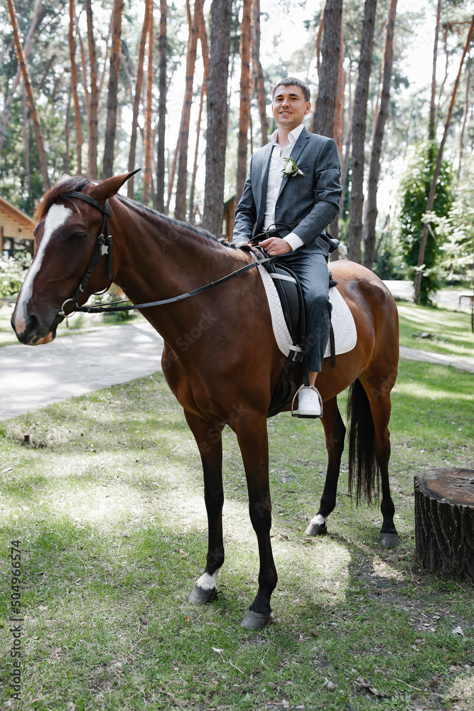 The groom in a blue suit on a brown horse in the woods, fooling around. The groom in a blue suit on a brown horse in the woods, fooling around.