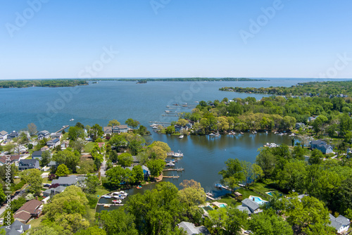Aerial view of the Magothy River, Spriggs Pond and the surrounding area in Arnold, Anne Arundel County, Maryland. 