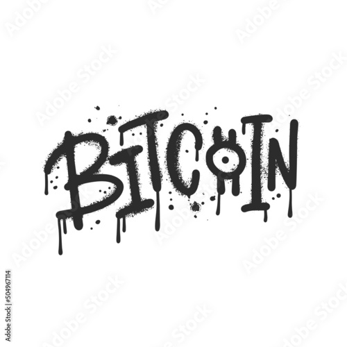Isolated spray graffiti Bitcoin word. Sprayed urban wall art text with overspray in black over white background. Hand drawn vector illustration. photo