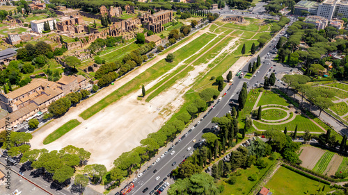 Aerial view of Circus Maximus, an ancient Roman chariot-racing stadium and mass entertainment venue in Rome, Italy. Now it's a public park but it was the first and largest stadium in ancient Rome.  photo