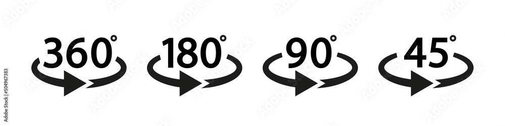 Arrow icon with 360, 180, 90 and 45 degree. Arrow icons with rotate angles of 360, 180, 90 and 45 degrees. 3d signs for panorama view. Round symbols with angles of turn. Vector - obrazy, fototapety, plakaty 