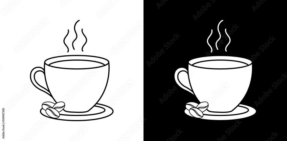 Coffee cup with coffee beans. Time for cofee break. Linear design for cafe, coffeehouse, cafeteria. Espresso cup banner. Hot drink sign for paper menu in restaurant. Vector illustration Coffee cup with coffee beans. Time for cofee break. Linear design for cafe, coffeehouse, cafeteria. Espresso cup banner. Hot drink sign for paper menu in restaurant. Vector illustration