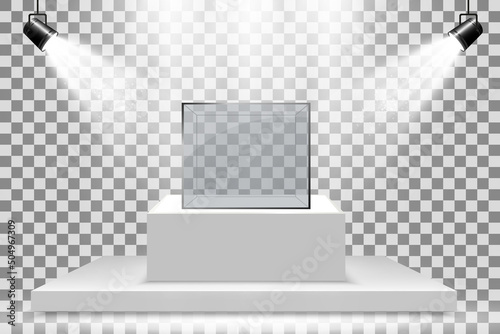 Realistic glass box or container on a white stand .Vector illustration.