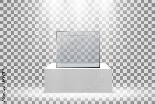 Realistic glass box or container on a white stand .Vector illustration.