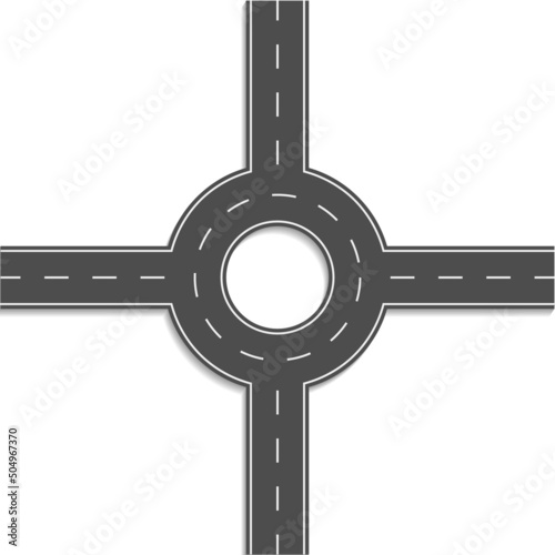 Roundabout road. Round crossroad. Circle junction. Asphalt street top view. Round highway for traffic, constructor and roadway. Vector
