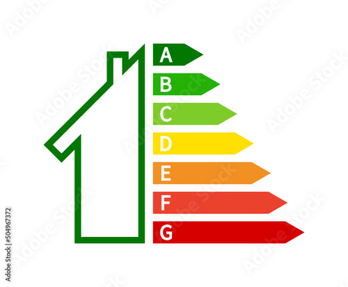 House class energy and economics. Certificate of epc. Badge of performance and efficiency of house. Economy consumption of energy. Eco symbol. Classification rating. Vector