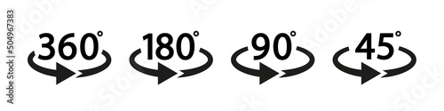 Arrow icon with 360, 180, 90 and 45 degree. Arrow icons with rotate angles of 360, 180, 90 and 45 degrees. 3d signs for panorama view. Round symbols with angles of turn. Vector