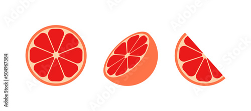 Grapefruit citrus icon. Grapefruit slices. Citrus icon of fruit. Fruit with vitamin C. Round, half and slice for juice. Red flat icons isolated on white background. Vector