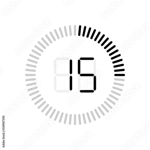 15 sec. 15 min. Fifteen sec or fifteen min on timer. Icon of seconds. Round stopwatch for time, countdown and stop. Graphic symbol isolated on white background. Vector