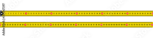 Measure tape with cm. Yellow ruler with scale metric. Tapeline with millimeter, centimeter and meter. Metal long measure tape with professional precision for construction and carpentry. Vector