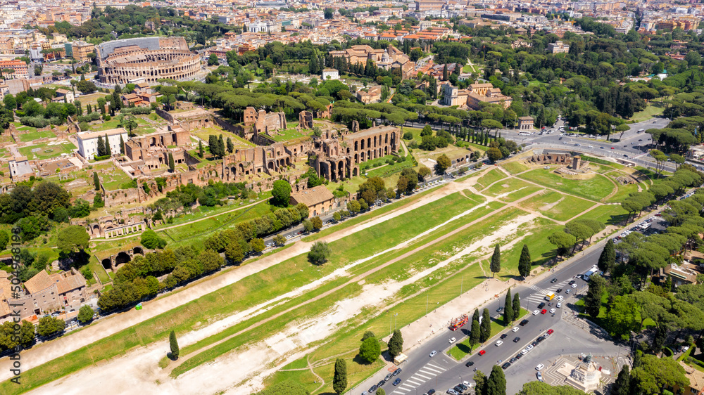Aerial view of Circus Maximus, Colosseum and Palatine Hill in Rome, Italy. According to the legend, it is from this hill that the history of Rome began. 
