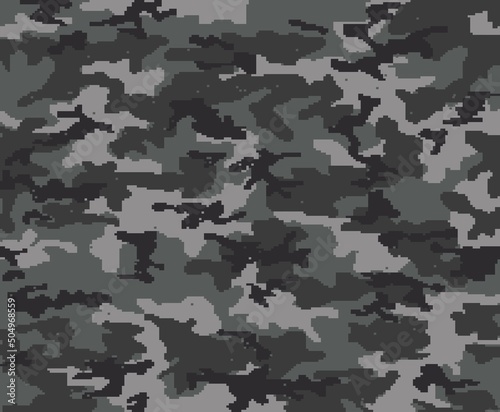 
Abstract camo pixel pattern, digital gray background, vector seamless texture. Military uniform.