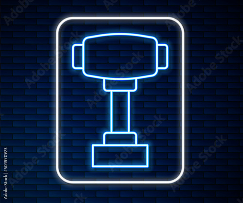 Glowing neon line Gear shifter icon isolated on brick wall background. Manual transmission icon. Vector