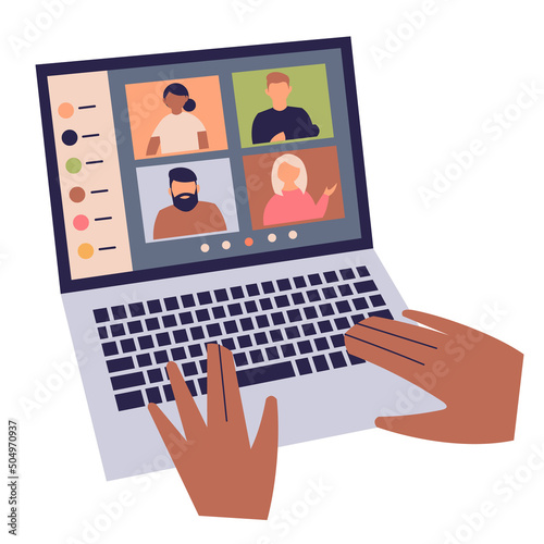 Virtual meetings of people for work, study, conversations with friends. Flat, isolated image of laptop, hands and screen with people. Concept of video conferencing, webinar, remote work. Vector stock.