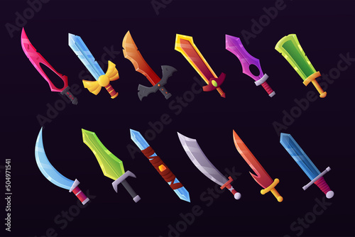 Game sword. Fantasy weapon like dagger or knife. Fantastic armor. Blade types set. Iron mace. Steel axe for battle attack. Medieval broadsword and sabre. Vector cartoon military tools