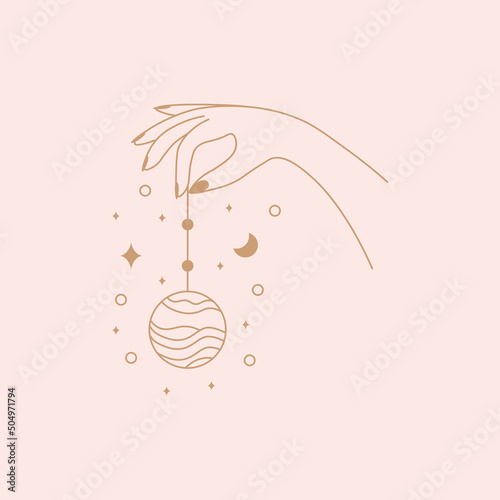 Mystic astrology. Hand drawn magic vintage signs, esoteric fairy design. Female hand holds planet, stars on background. Line element. Elegant logo. Vector abstract zodiac symbol illustration
