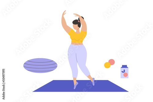 Sport training. Woman doing fitness exercises on mat. Home workout. Girl practicing yoga. Pilates and gymnastics position. Female in sportswear. Body pose. Vector healthy lifestyle
