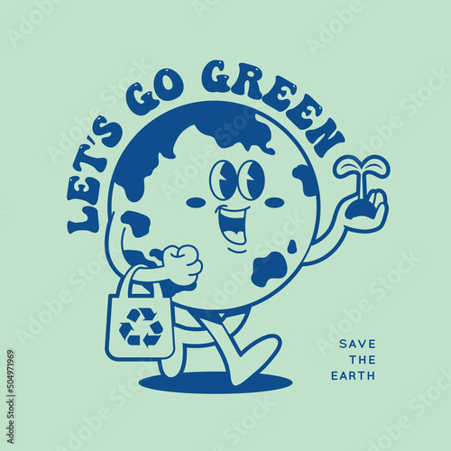 Vintage nostalgia cartoon earth globe holding tree seedling and recycle bag. Environment friendly or recycling concept illustration. Simple retro cartoon character for poster, banner, graphic print.