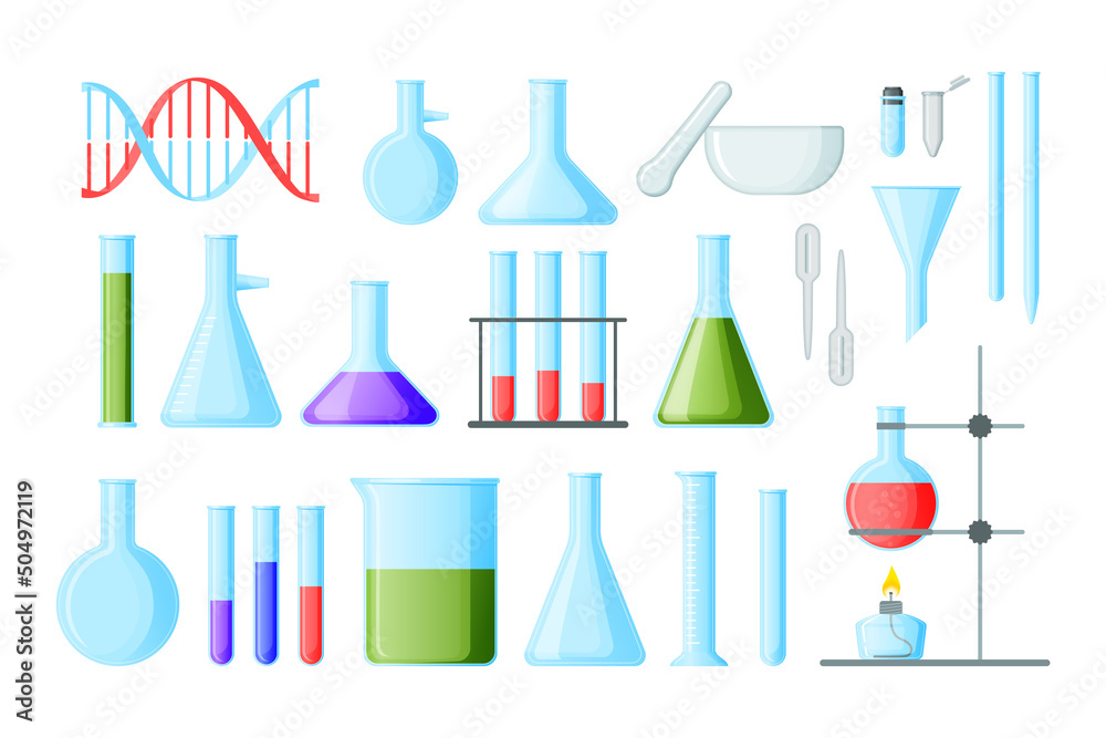 Chemistry lab tools. Laboratory instruments for experiment. Glass