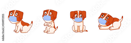 Dog in mask. Cartoon doodle puppy with medical respirator. Anti coronavirus icons. Epidemic quarantine. Animals poses. Covid-19 pandemic prevention. Vector virus protection logo set