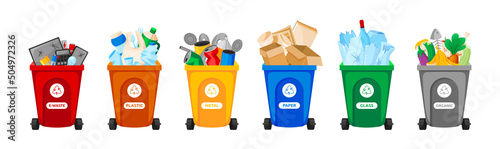 Trash bag set. Eco bin box for recycle metal and paper, plastic and glass garbage. Different color containers for waste sorting. Rubbish falls into trashcans, vector flat isolated collection
