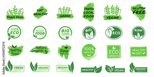 Eco organic logo. Vegan healthy product floral labels, bio stickers. Ecology flower and leaves green emblem, farm and raw food stamps, fresh local products logotype, vector set