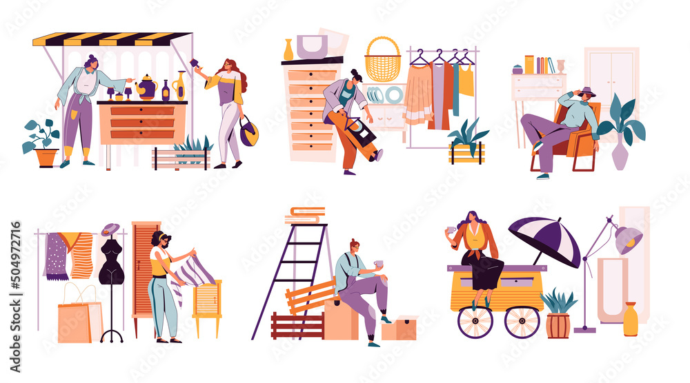 Vintage market. People on fair with books, fashion and decorations. Antique boutique. Sellers in stalls and carts. Garage discount. Bazaar sale. Vector stylish secondhand store set