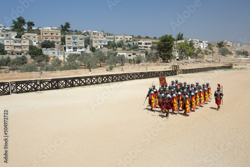 Actors playing roman legionaries soldiers in the war tactic, Jerash, Jordan