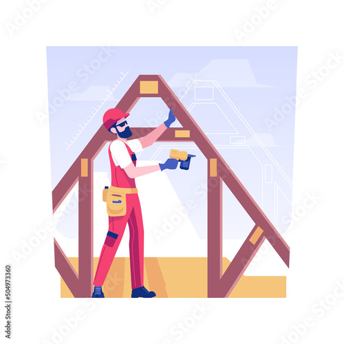 Installation of roof trusses isolated concept vector illustration. Contractor installs roof trusses, professional builder at residential area construction site, rough carpentry vector concept.