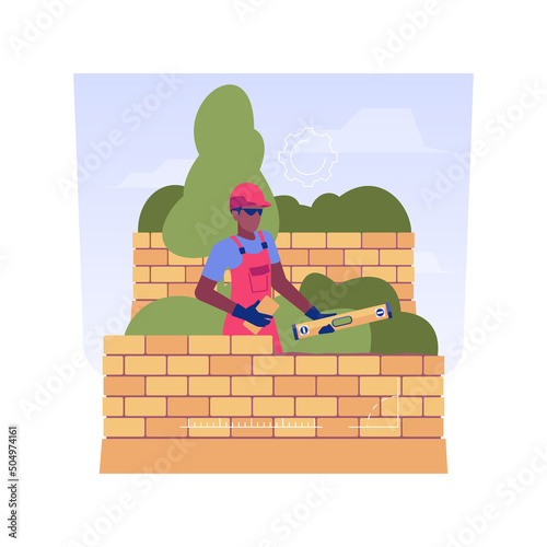 Building retaining walls isolated concept vector illustration. Repairman builds a retaining wall with a brick, landscaping construction, territory improvement, exterior works vector concept.