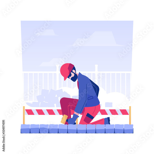 Paths construction isolated concept vector illustration. Contractor building paths using bricks in the park, exterior works, hard landscaping, territory improvement vector concept.