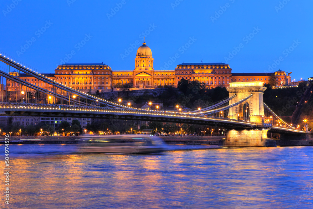 Chain Bridge  with Royal Castle in the back, Budapest, Hungary