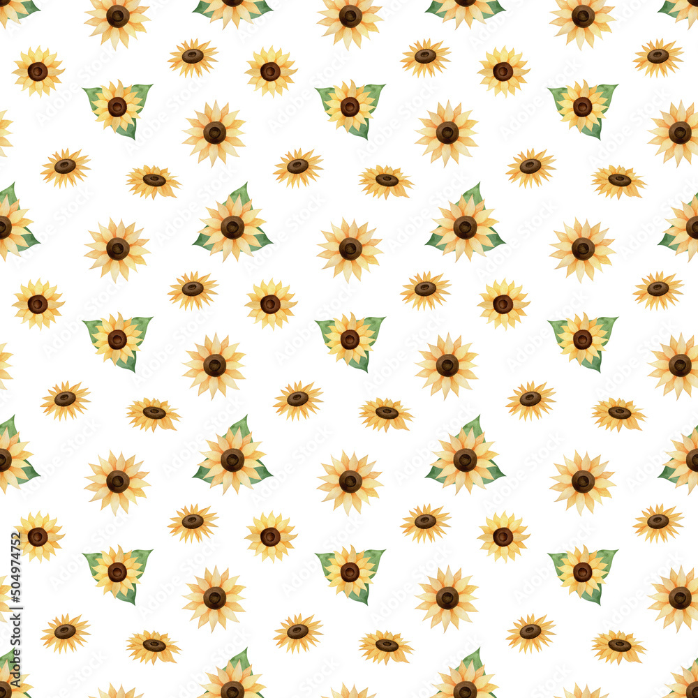 Botanical Seamless Pattern with Sunflowers. Ornament with Yellow Flowers on a White Background. Summer beautiful Pattern, good for textile and fabric, print, gift wrapping paper, scrapbooking design.