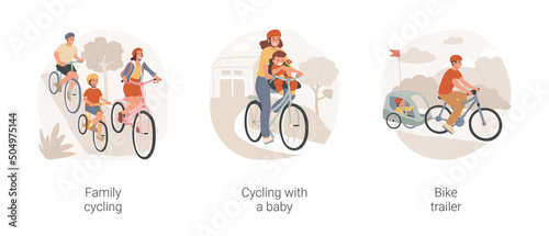 Family cycling isolated cartoon vector illustration set. Parent and kid on bicycle, cycling with a baby, active lifestyle, riding with bike trailer, family outdoor recreation vector cartoon.