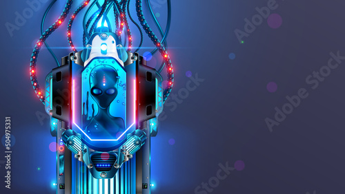 Alien in cryogenic capsule in science laboratory. ETS in anabiosis chamber filled with liquid. Extraterrestrial humanoid astronaut in hibernation locked in cryo chamber. Pilot of UFO in lab. Area 51.