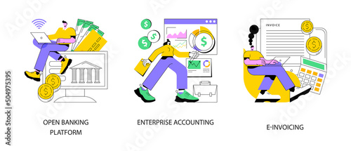 IT accounting system abstract concept vector illustration set. Open banking platform, enterprise accounting, e-invoicing, business financial software, electronic invoice tool abstract metaphor.
