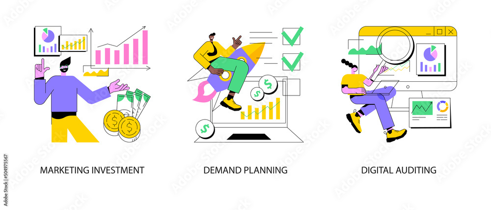 Marketing accounting abstract concept vector illustration set. Marketing investment, demand planning, digital auditing, business plan, finance management, digital sales, revenue abstract metaphor.