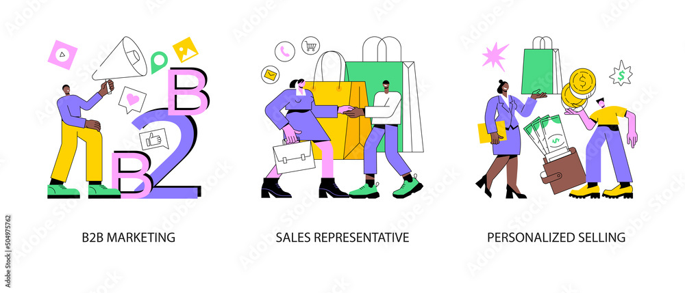 B2B marketing abstract concept vector illustration set. Sales representative, personalized selling, digital campaign, telemarketing, sales agent, brand representative, enterprise abstract metaphor.