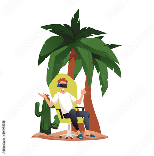 Happy man sitting in office chair on the beach in VR glasses, flat vector illustration isolated on white background.