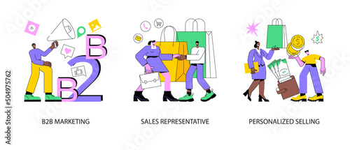 B2B marketing abstract concept vector illustration set. Sales representative, personalized selling, digital campaign, telemarketing, sales agent, brand representative, enterprise abstract metaphor.