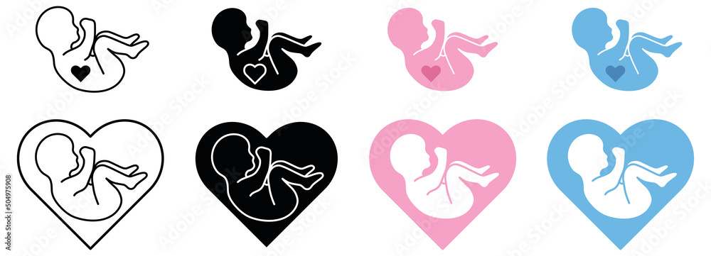 Baby Fetus in a Heart Clipart Set - Outline, Silhouette and Color Stock ...